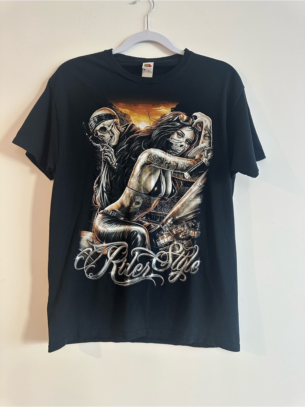 Ride Style Men's Graphic T-Shirt Black Skull Biker Motorcycle Tattoo Tee Size M